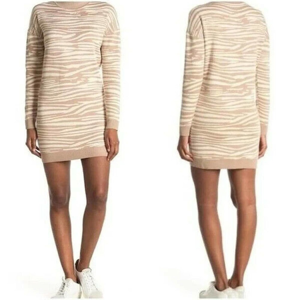 WAYF Intarsia Beige Zebra Print Long-Sleeve Mini Sweater-Dress Size M